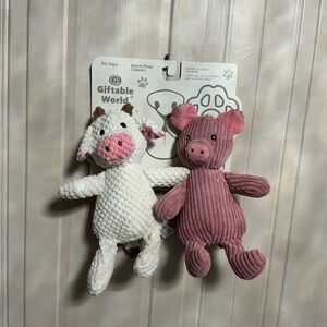 Set Of 2 Giftable World 10”Pig & Cow Dog Toy w/Squeaker & Crinkle,Pink/Ivory New
